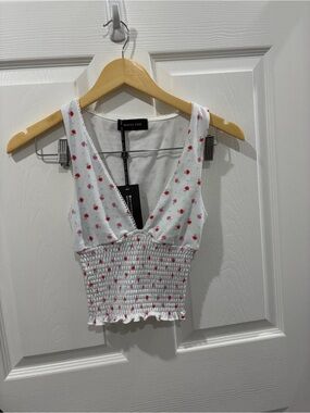 White Fox Boutique White Smocked V-Neck Crop Top with Pink Floral Dots
